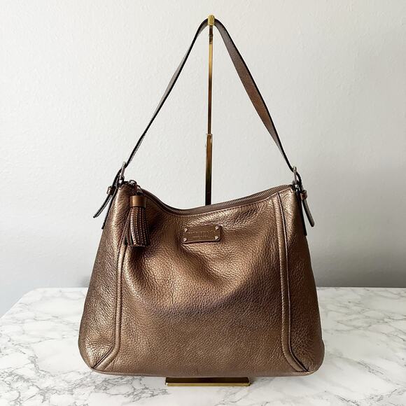 47. Kate Spade Shimmery Bronze Metallic Pebbled Leather Hobo Shoulder Bag Tassel - Picture 1 of 15
